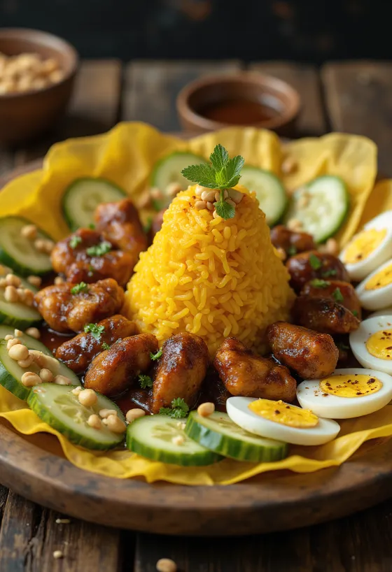 Tumpeng servi avec poulet rôti et cacahuètes