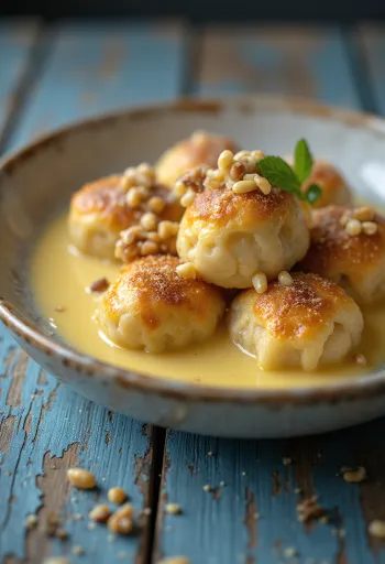 Aranygaluska traditionnelle avec crème vanille – Brioches moelleuses aux noix servies avec une crème onctueuse.