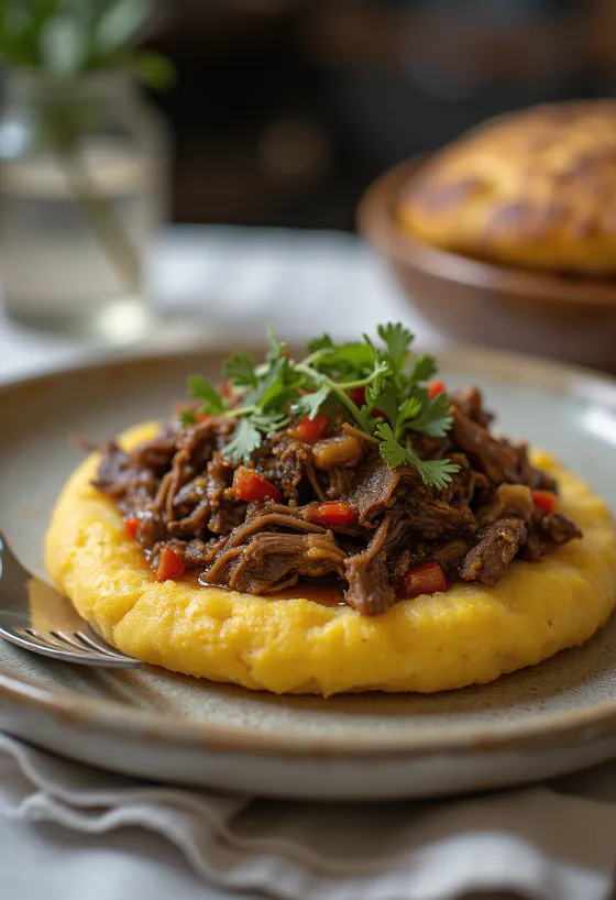 Arepa con Carne de Res plat style coréen dressé