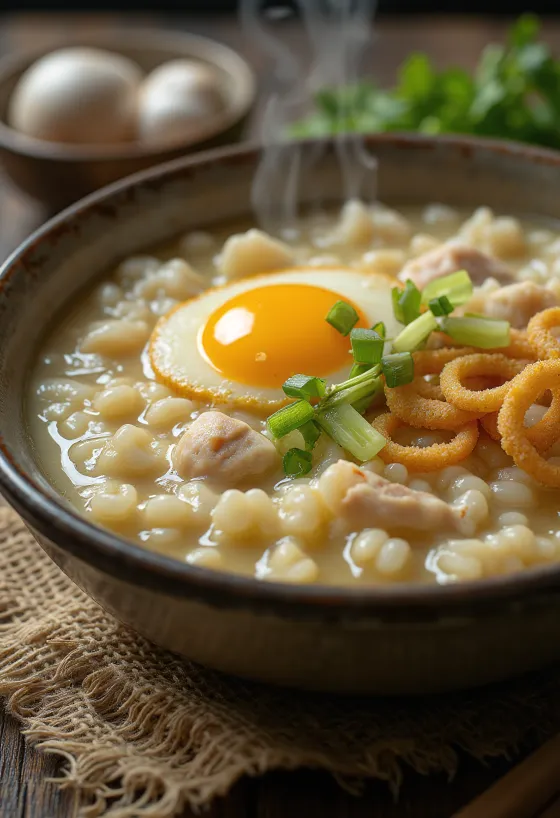 Arroz Caldo à l'ail frit, servi avec œuf et oignon vert frais