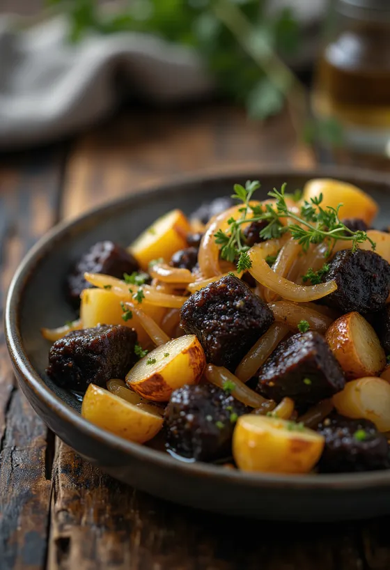 Black pudding façon Sneem servi avec pommes de terre et persil
