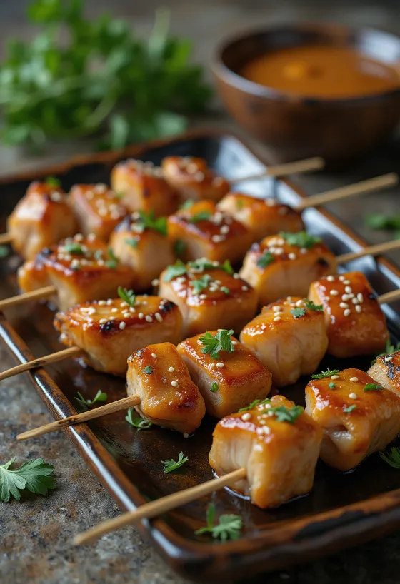 Satay de poulet, poulet grillé dans une marinade au beurre de cacahuète
