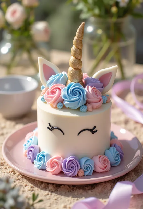 Gâteau décoré en tête de licorne avec crinière pastel