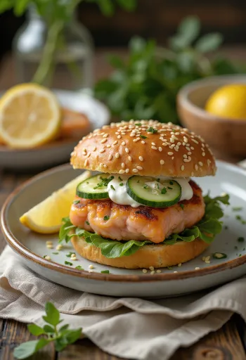 Burger de saumon servi