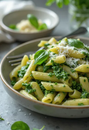 Pâtes crémeuses aux épinards saupoudrées de parmesan frais, servies dans une assiette blanche.