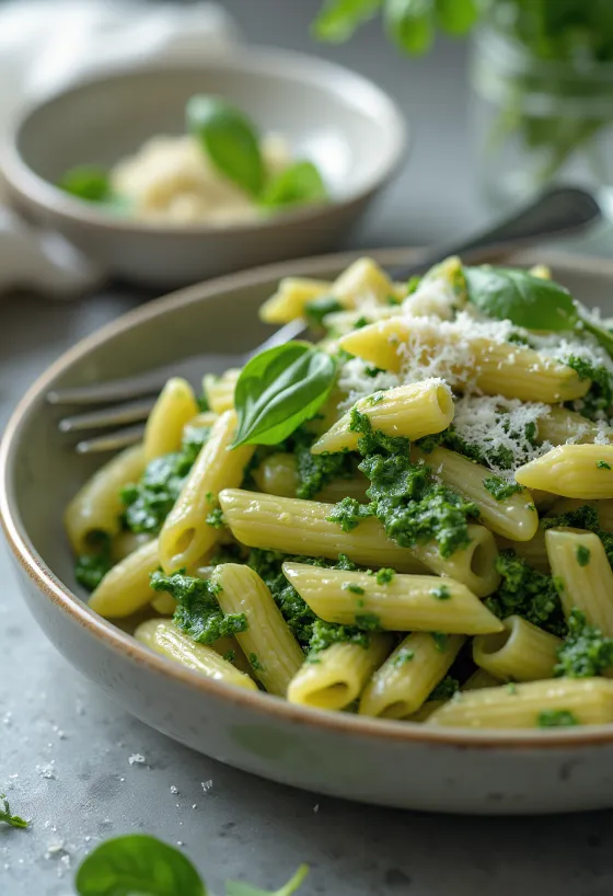 Pâtes crémeuses aux épinards saupoudrées de parmesan frais, servies dans une assiette blanche.