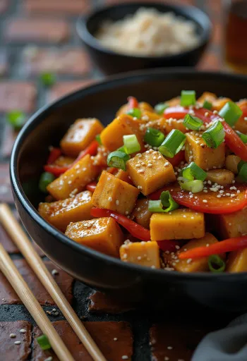 Wok de tofu et courge servi