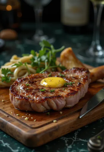 Steak d'échine servi avec pommes de terre rôties et légumes