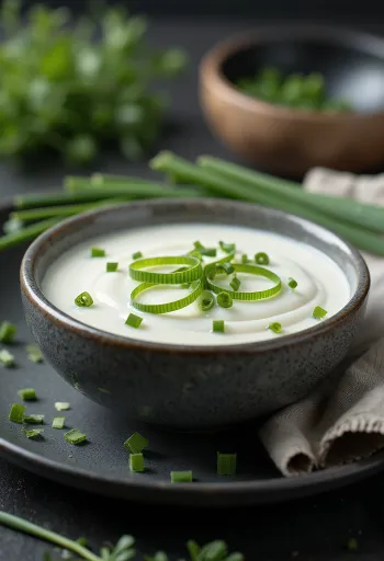 Sauce crémeuse à la ciboulette dans un bol avec de la ciboulette fraîche.