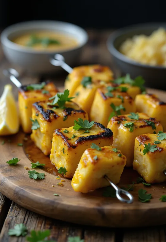 Achari paneer tikka morceaux de paneer grillés, marinés au yaourt, servis avec de la coriandre fraîche et du citron