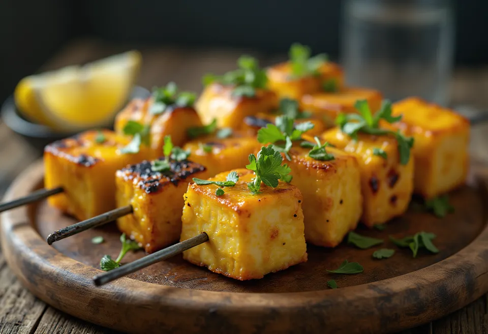 Achari paneer tikka morceaux de paneer grillés, marinés au yaourt, servis avec de la coriandre fraîche et du citron