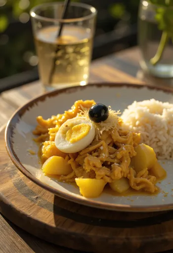 Ají de Gallina servi avec des oignons, de l'œuf frais et des amandes effilées