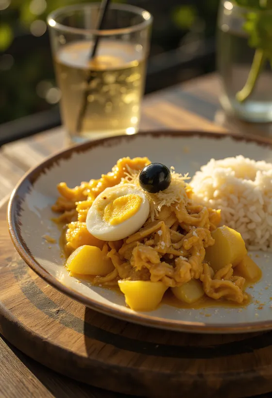 Ají de Gallina servi avec des oignons, de l'œuf frais et des amandes effilées