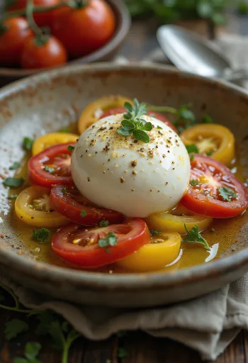 Assiette de burrata et tomates variées