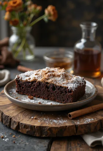 Tranche de gâteau au chocolat sombre saupoudrée de cannelle