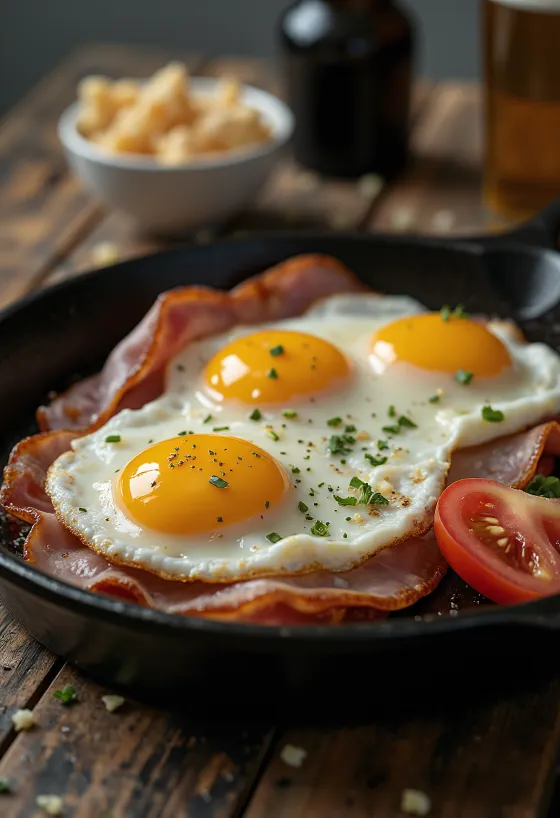 Œufs au jambon fumé servis