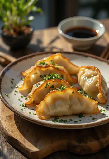 Gyozas aux vermicelles de soja, dorés à la poêle et servis avec une sauce soja fine
