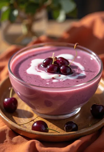 Soupe froide aux griottes rafraîchissante décorée de crème fouettée, servie dans un bol blanc.