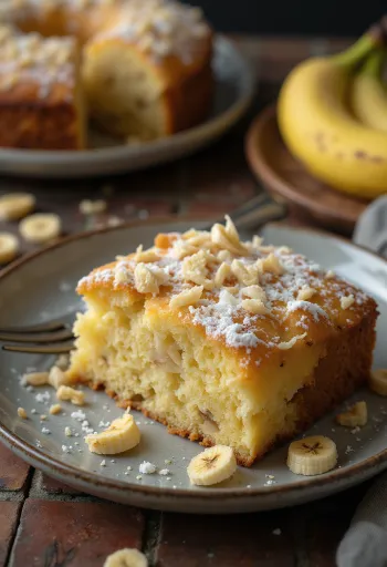 Gâteau à la banane et à la noix de coco saupoudré de sucre glace et décoré de coco râpée