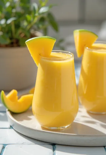 Smoothie à la mangue dans un grand verre, décoré de tranches de mangue