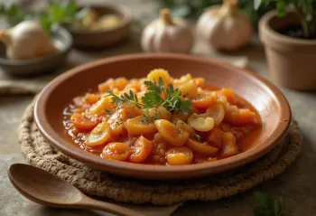 Matbucha à l'ail rôti, avec persil frais sur le dessus