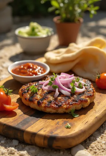 Pljeskavica, galette de viande serbe avec ajvar et pommes de terre rôties