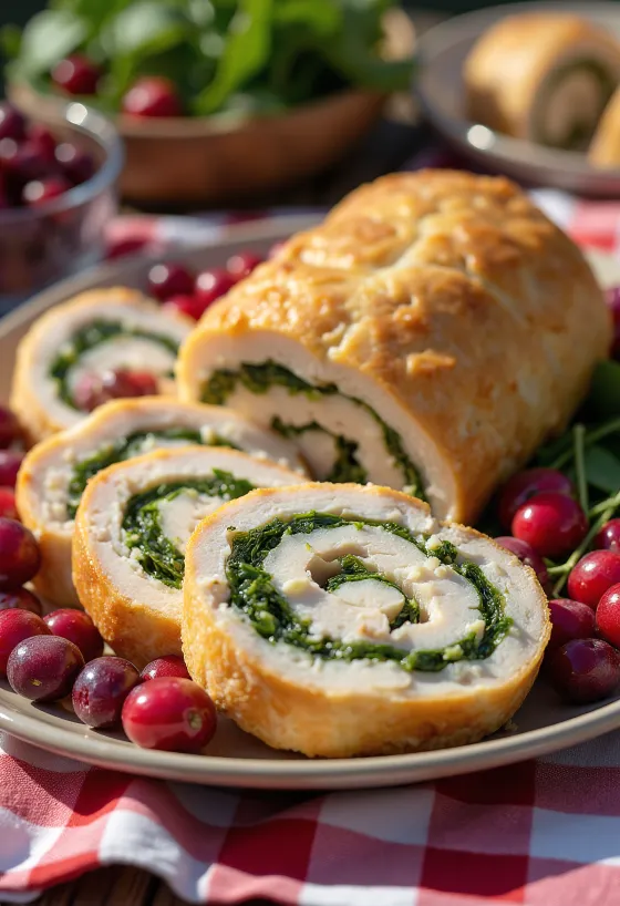 Roulade de dinde aux canneberges servie avec des légumes.