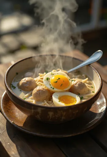 Bakso aux œufs, soupe riche au lait de coco, servie avec de la coriandre fraîche et un œuf dur.
