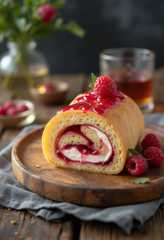 Bolo de rolo à la liqueur, coulis de framboise, décoré de sucre glace