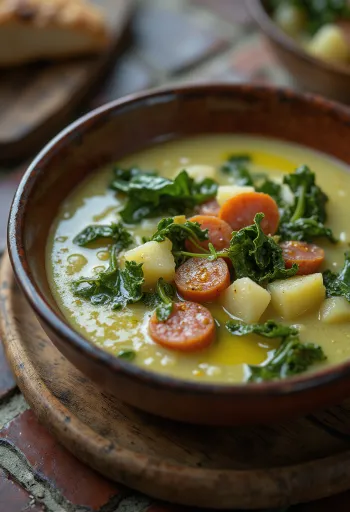 Soupe Caldo Verde servie avec du chorizo