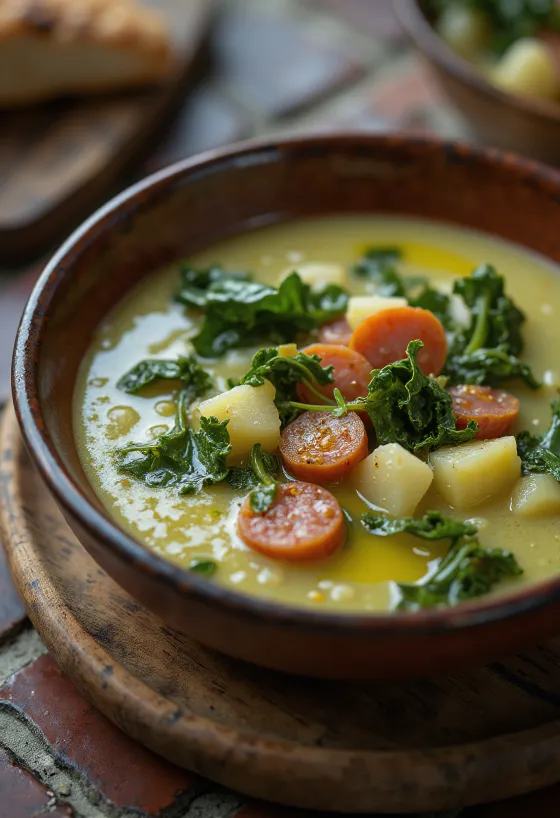 Soupe Caldo Verde servie avec du chorizo