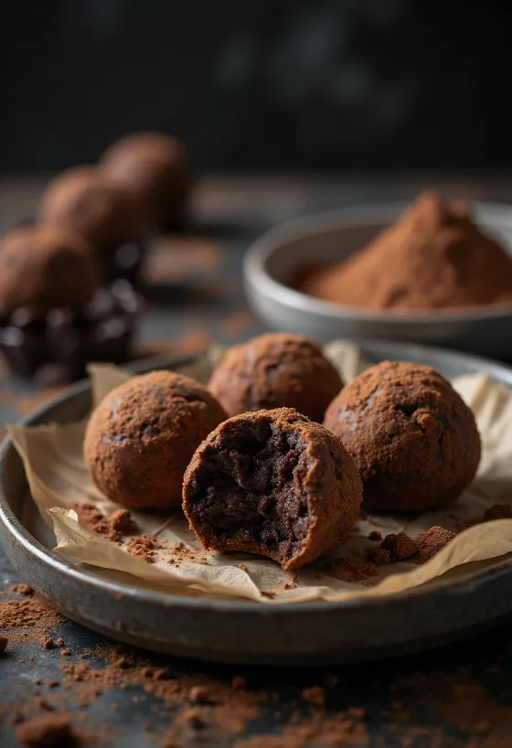 Boules de truffes au chocolat disposées sur une assiette