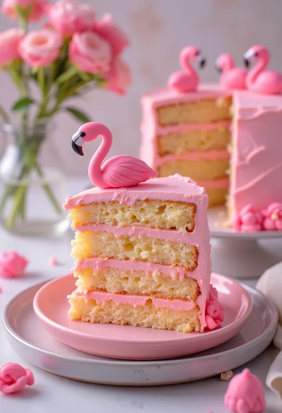 Gâteau flamant rose avec décorations roses et dorées