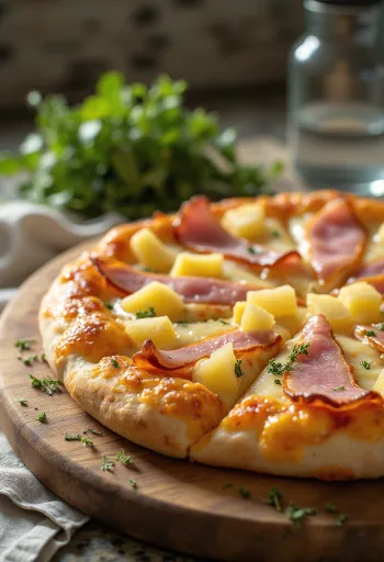 Pizza hawaïenne au jambon fumé servie