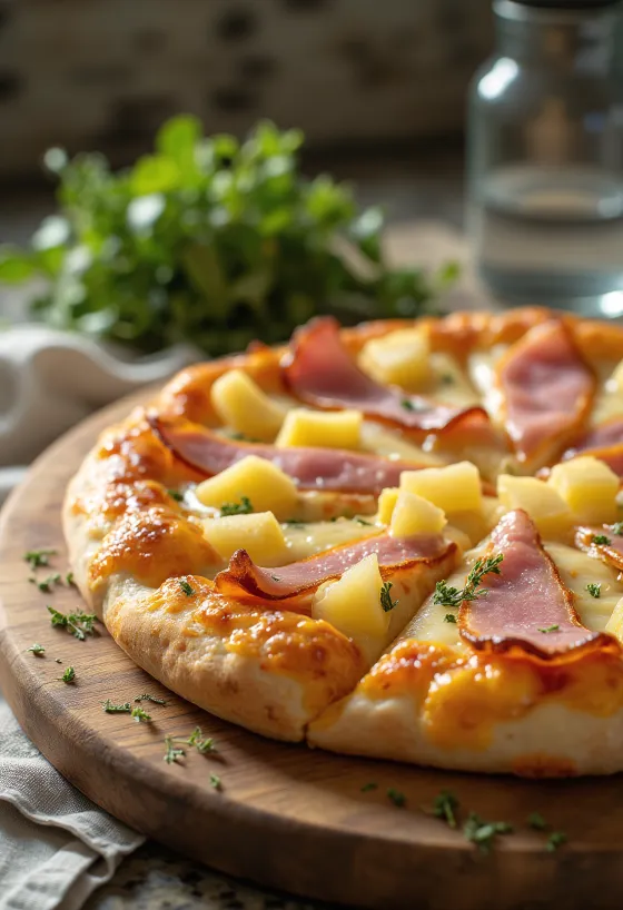 Pizza hawaïenne au jambon fumé servie