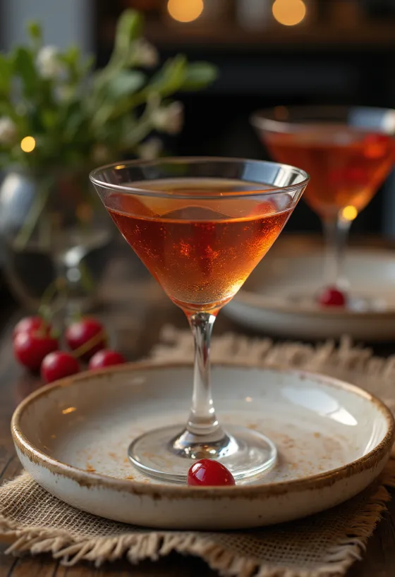 Cocktail Manhattan décoré d'une cerise à cocktail et d'un zeste d'orange