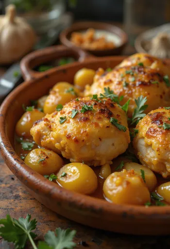 Pollo al Ajillo, poulet à l'ail espagnol servi avec une sauce au vin blanc