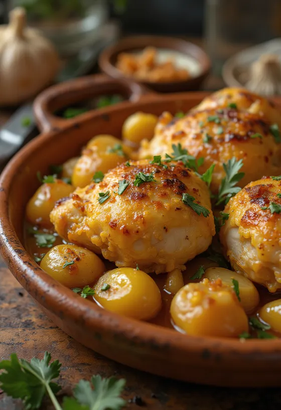 Pollo al Ajillo, poulet à l'ail espagnol servi avec une sauce au vin blanc