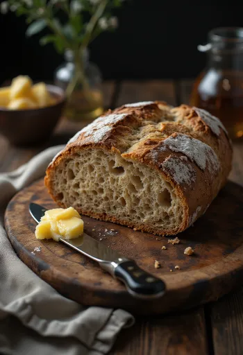 Ruisleipä rond au levain à la croûte rustique, fariné, sur une surface en bois