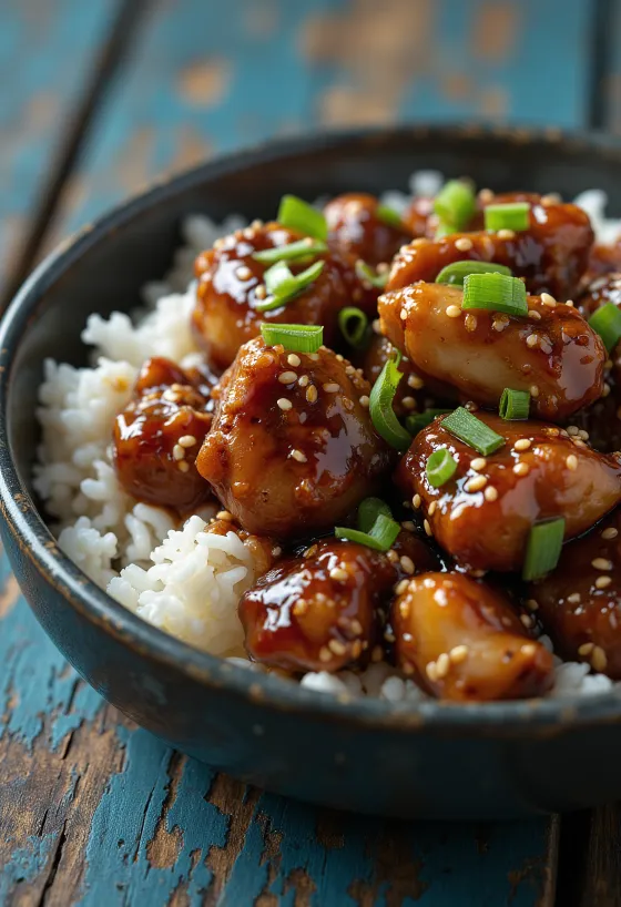 Poulet Teriyaki servi avec sésame et oignon vert