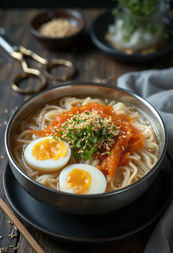 Yeolmu naengmyeon servi avec radis, concombre et œuf dur