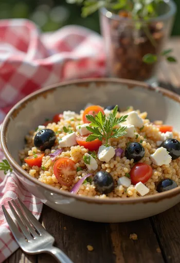 Salade de farro à la feta, olives et légumes frais