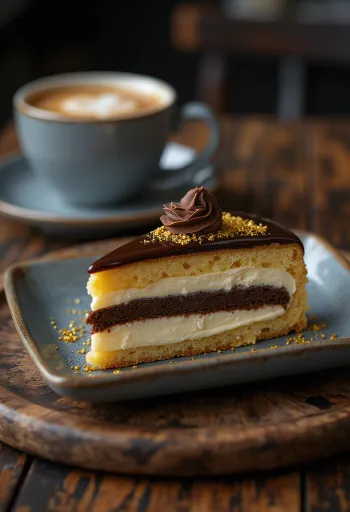 Gâteau Opéra français avec couches de ganache au chocolat et saveur espresso