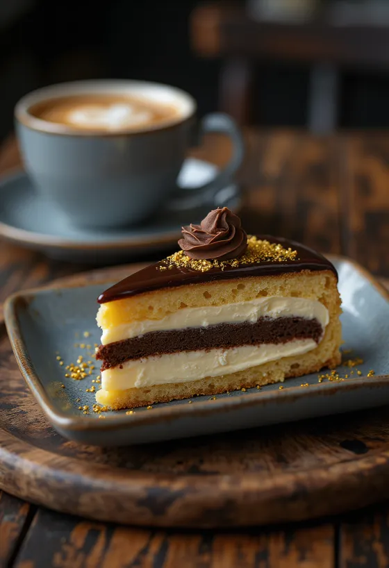 Gâteau Opéra français avec couches de ganache au chocolat et saveur espresso