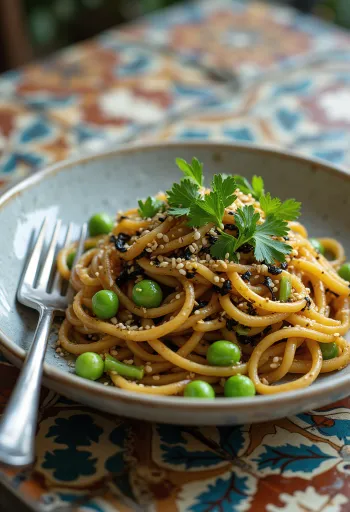 Pâtes Hijiki, à l'ail sauté et sauce soja, décorées de coriandre et sésame