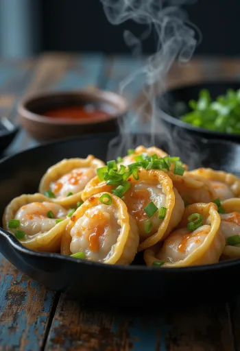 Gyoza crevettes croustillant servi
