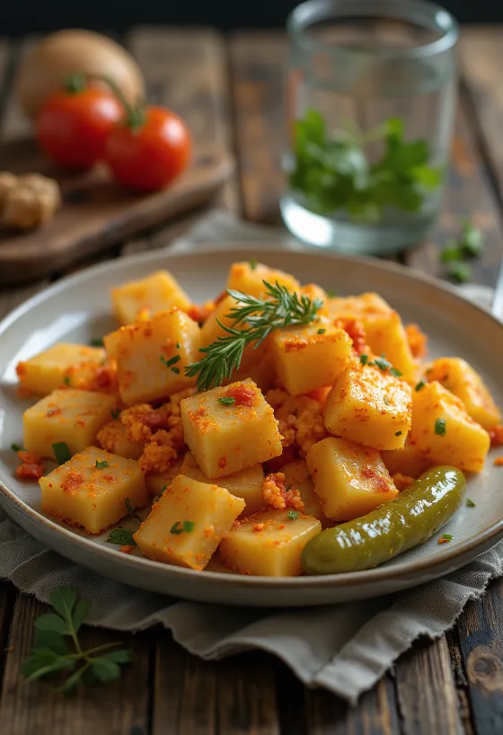 Pâtes aux pommes de terre servies avec oignons frits et paprika