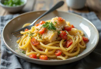 Saltfish aux pâtes, servi avec du persil frais