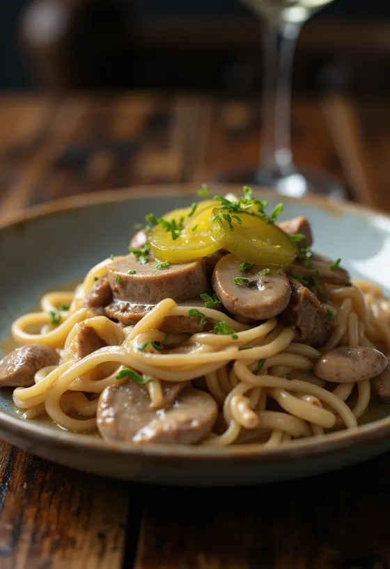 Bœuf Stroganoff servi avec une sauce crémeuse