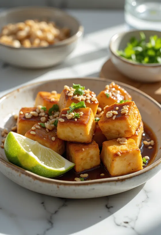 Bouchées de tofu aux cacahuètes grillées dressées